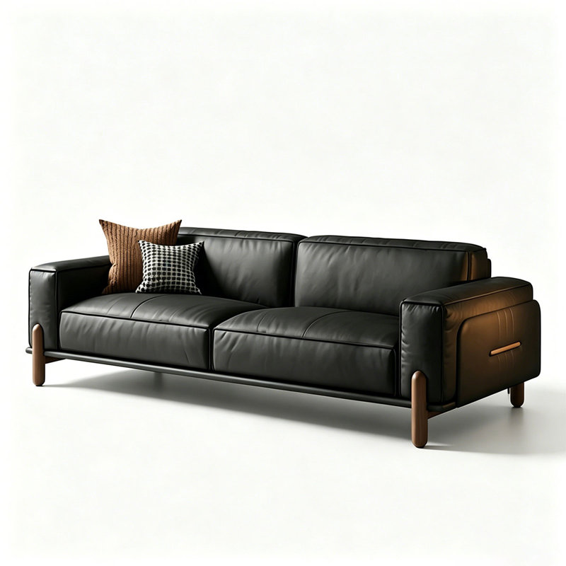 Canapé modulaire noir en cuir véritable, L 86,54 po, Cuir de grain supérieur noir