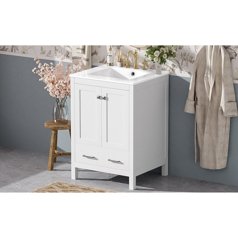 Meuble-lavabo compact compact en bois blanc avec lavabo en céramique