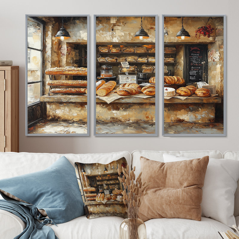 French Cafe Baguette Paris Shop III - Ensemble de décorations murales French Cafe, Toile argentée avec cadre flottant