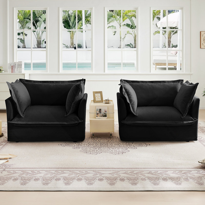 Ensemble de 2 fauteuils avec housse, fauteuil d'appoint à siège profond pour salon, salle de lecture, chambre à coucher et espaces de travail, avec grands coussins moelleux, tissu chenille, noir