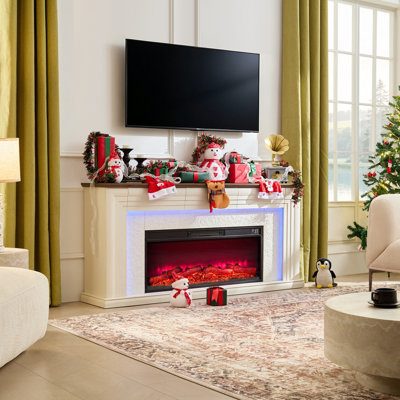 Meuble télé foyer, centre de divertissement de style champêtre avec 3 tiroirs, design cannelé pour salon