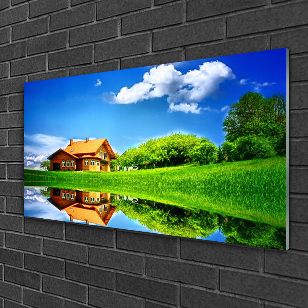 Glasbild Haus See Gras Natur