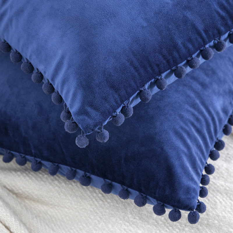 Silky Velvet Series Pom-poms Decorative Throw Pillow, Navy, Pillow Cover & Insert, Rectangle 12"H x20"W