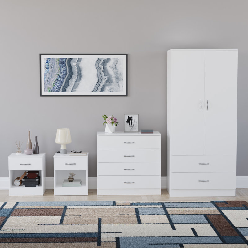Tayce 4 Piece Bedroom Set (1 Drawer Bedside Chest X2, 4 Drawer Chest, 2 Door 2 Drawer Wardrobe), White