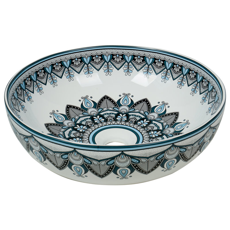 16" Round Artistic Ceramic Vessel Sink – Glossy Above-Counter Basin with Hand-Inspired Printed Pattern, Satin Blue