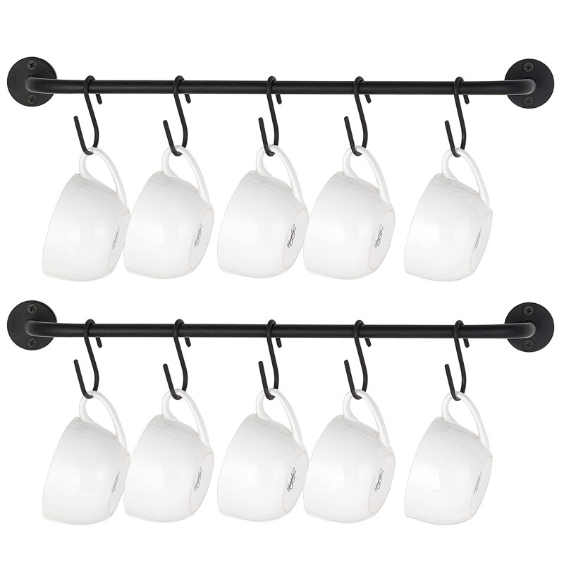 Porte-gobelet mural et porte-gobelet porte-gobelet mural moderne en métal avec 10 crochets à tasses avec rangement pour ustensiles rustiques, ensemble de 2, noir