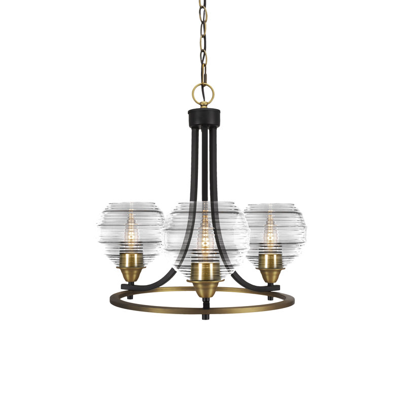 Lustre 3 lumières Bookham Paramount avec verre côtelé 6 ", Noir mat / laiton, Fumée