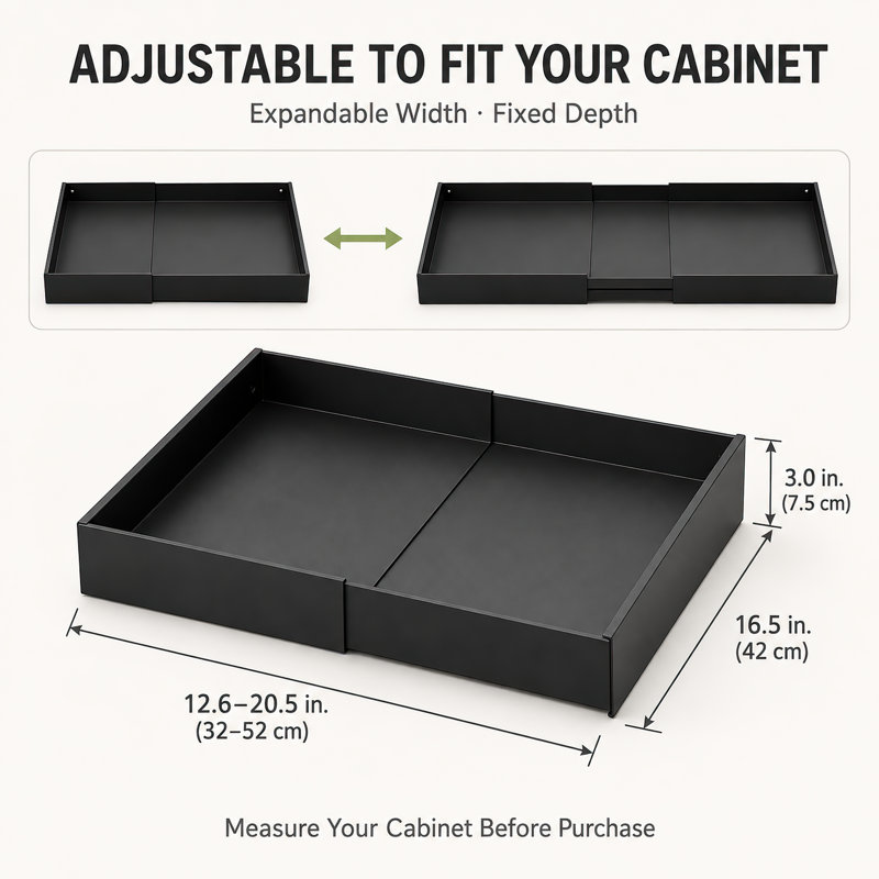 Expandable pull out cabinet organizer for kitchen storage
