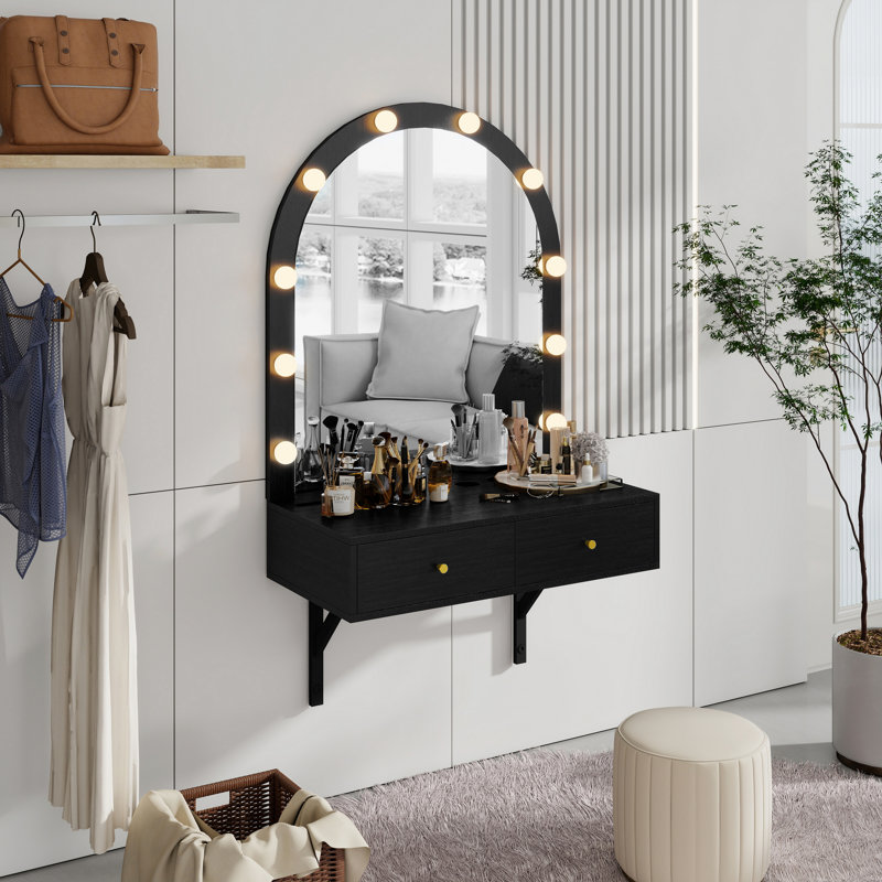 Meuble-lavabo mural flottant avec miroir DEL et 3 lumières colorées, Noir