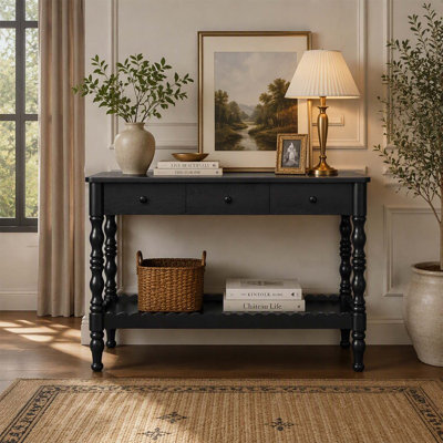 47.2'' Wood Console Table for Entryway, 2-Tier Sofa Table with Vintage Carved Legs and 3 Drawers, Ideal for Decorative Storage