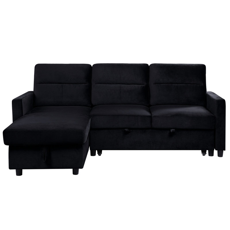 Canapé-lit modulaire en velours noir avec rangement pour méridienne, poche latérale et coussins amovibles