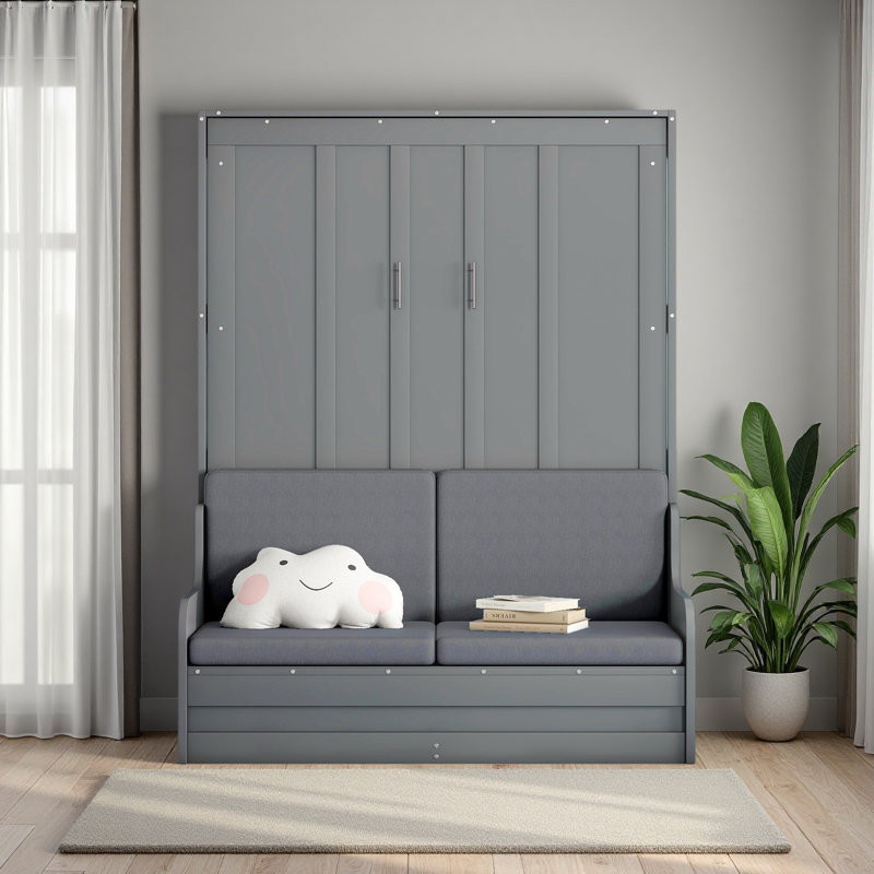 Grand lit escamotable mural avec coussin, Gris