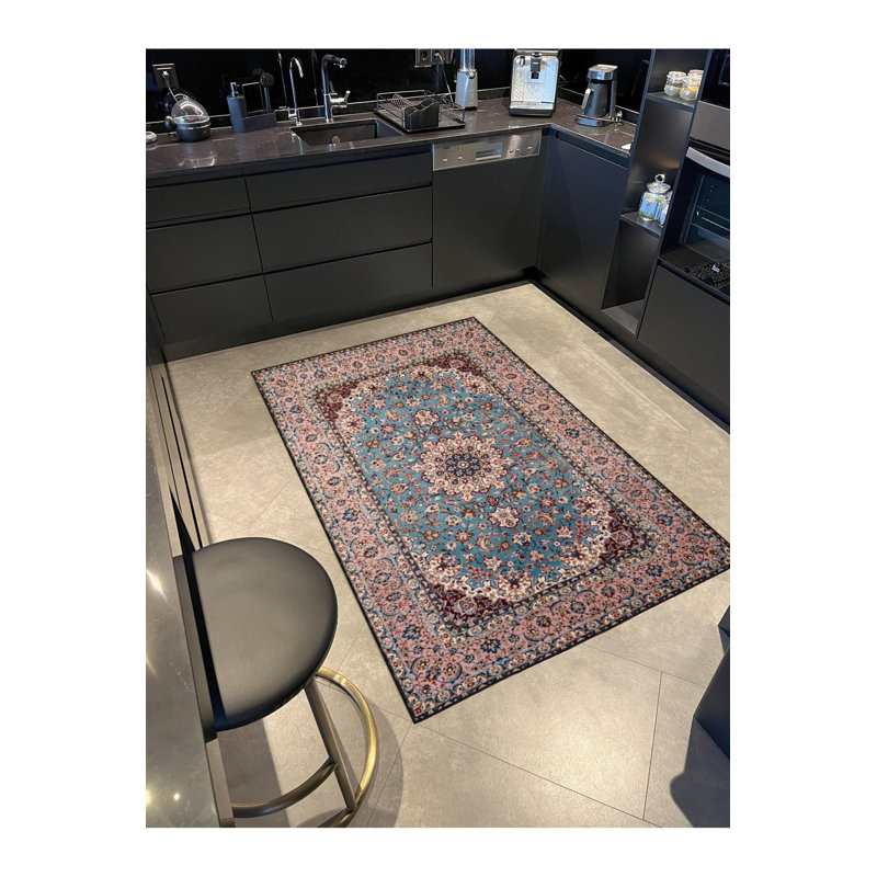 Tapis bleu lavable décoratif traditionnel traditionnel, Sous-tapis carré 3 pi 3 po inclus