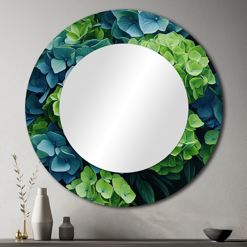 Green Blue Hydrangea Emerald Blooms - Hydrangea Mirror, Traditional Decorative Wall Mirror, Printed Metal Art, 36" x 36"