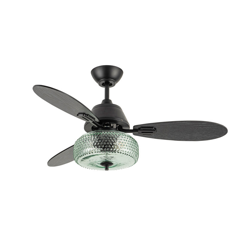 42"W Cecile LED Indoor Ceiling Fan With Hand-Blown Seafoam Green Glass Shade With Remote Control, Black