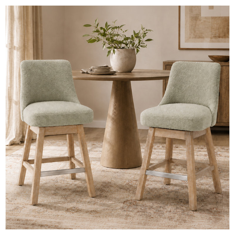 Ensemble de 2 tabourets de bar pivotants à 360°, hauteur comptoir 66 cm, avec dossier, revêtus de tissu bouclé moderne et dotés de pieds en bois massif, pour îlot de cuisine, vert.