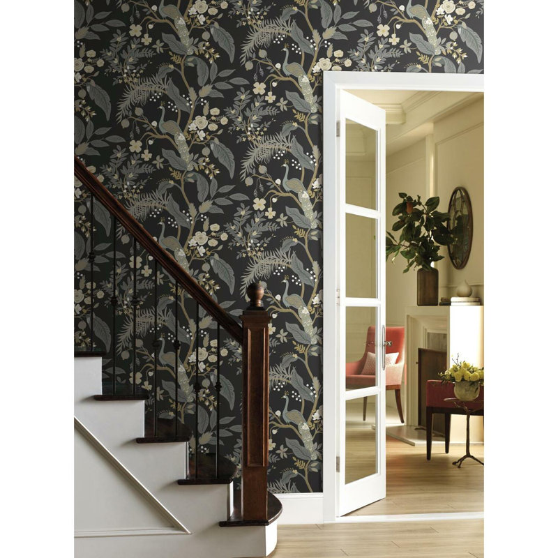 Peacock 27' x 27" Wallpaper Roll, Black/Gray