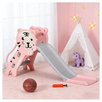 Indoor Polyethylene Toddler Slide and Climber with Basketball Hoop, Gray and Pink