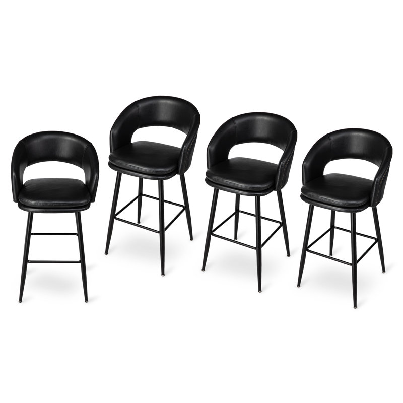 Mid-Century Modern Upholstered Bar Stool with Nailhead Trim , Black