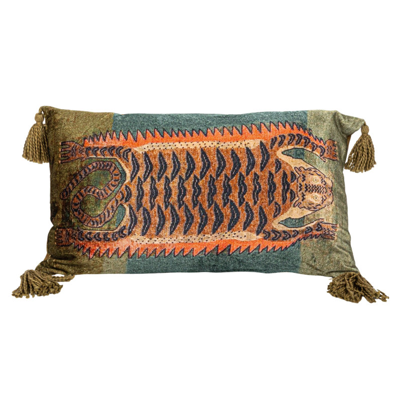 Multicolor Cotton Velvet Tiger Lumbar Pillow with Tassels