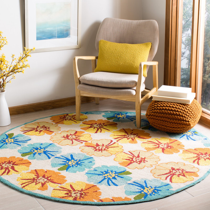 Doyle Hand Hooked Performance Floral Rug, Round 6'
