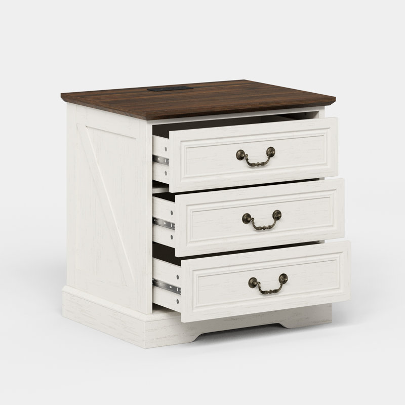 Table de chevet 24 po H avec station de charge intégrée, blanc et brun, White & Walnut