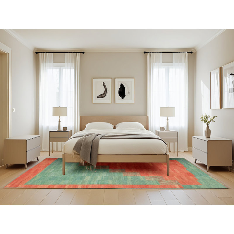 Tapis de zone verte/orange contemporaine, Rectangle 5 pi x 8 pi