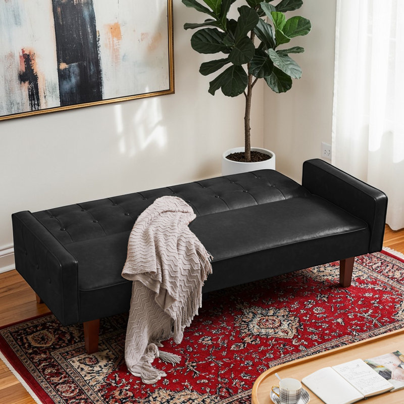 74.4" PU Convertible Futons Sofa Bed For Living Room, Black Leather