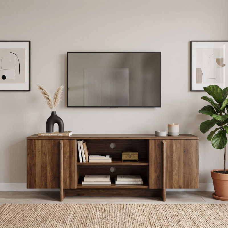 Meuble télé en bois de 55 pouces avec portes, étagères ouvertes et système de gestion des câbles