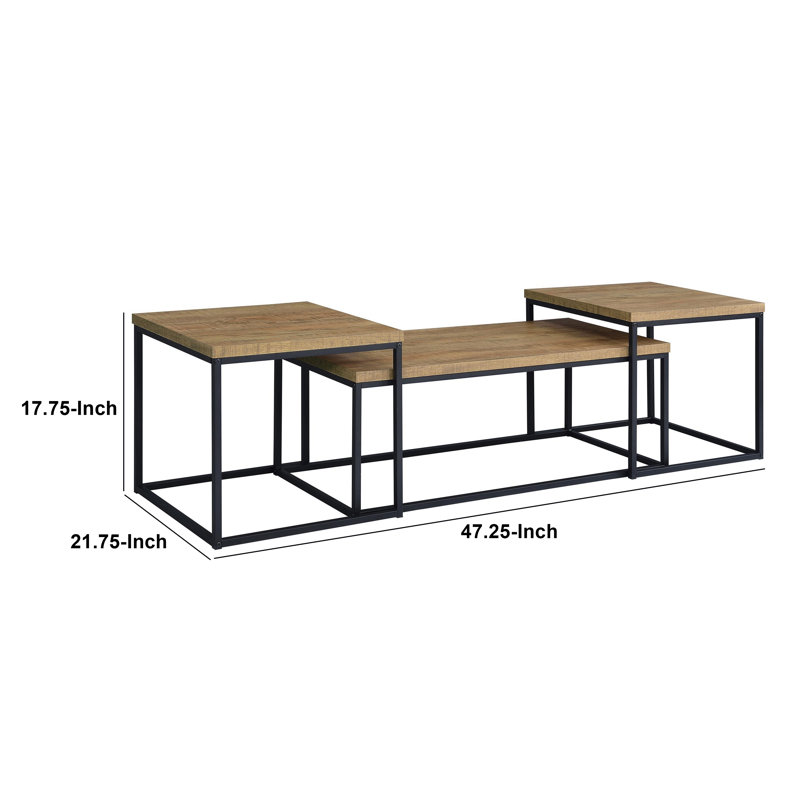 Ensemble de 3 tables basses et tables de bout Seru Seru, plateau brun mangue, métal noir