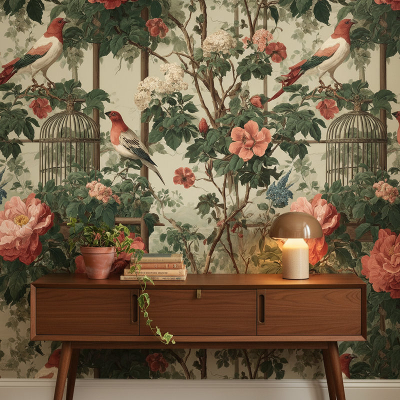Papier peint floral rétro avec oiseaux