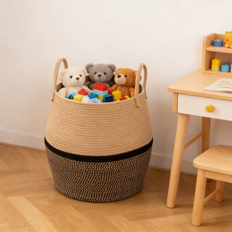 60L Storage Basket With Handle, Laundry Hamper For Clothes, Blankets, Toys, Living Room, Brown & Black, Brown/Black