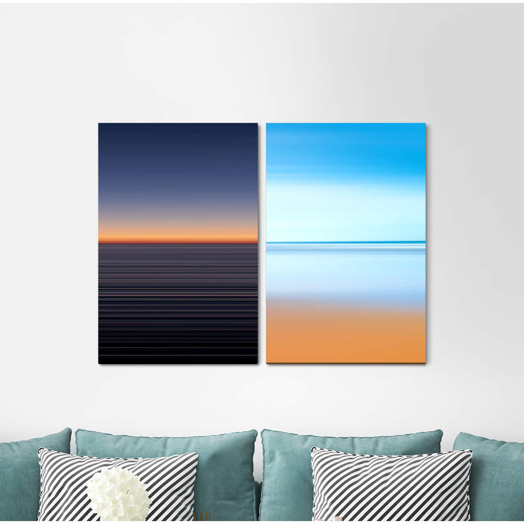 2-tlg. Leinwandbilder-Set - Grafikdruck „Horizon Evening Red Minimal Orange Sky Light Blue Warm Light”