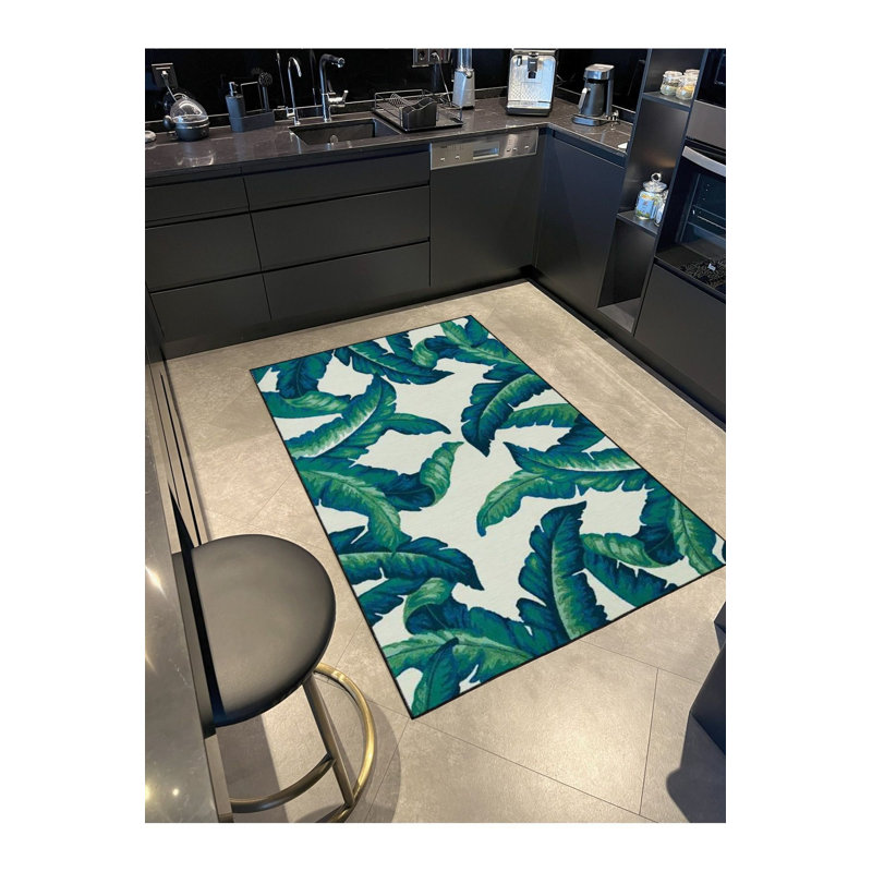 Tapis lavable bleu à motif de feuille d'arbre vert, Sous-tapis carré 3 pi 3 po inclus