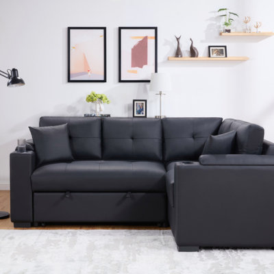 Nov Sectional Sleeper Sofa, 2 Pillows, USB Charger, Black Faux Leather