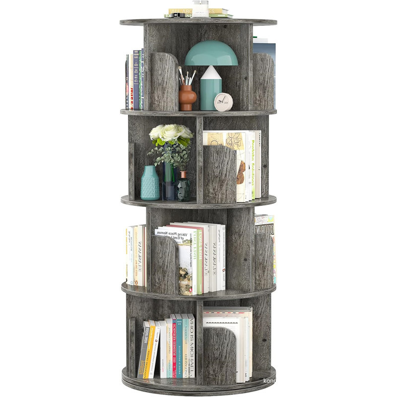Gray Oak 4-Tier Rotating Corner Bookshelf with Cubes