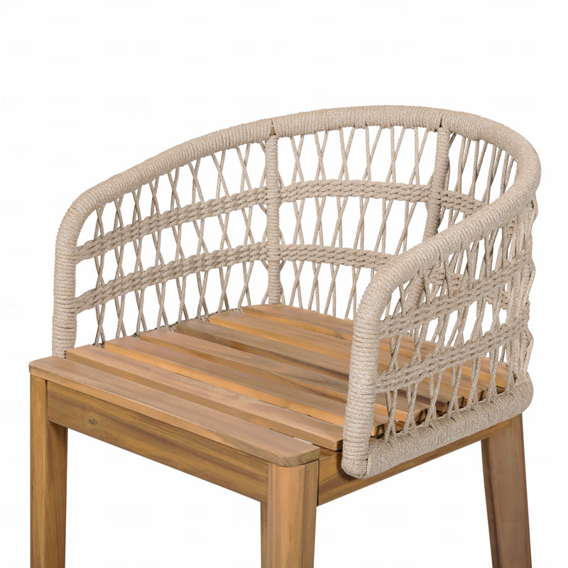 Ensemble de 2 tabourets de bar d'extérieur en bois et bois fini teck avec coussin beige