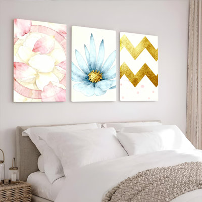 Aquarelle florale et chevrons dorés, reproduction d'art sur toile tendue sur toile, ensemble de 3