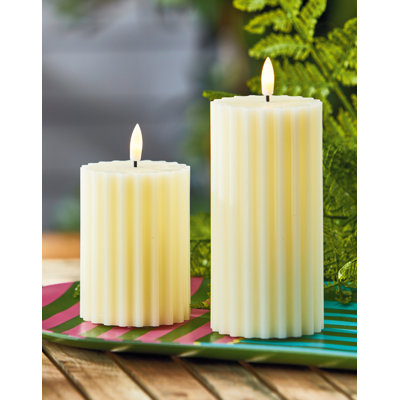 Ribbed Beige LED Flameless Pillar Candle 3x4 - Everyday Home Decor, Spot or Wipe Clean, Safe Lighting Option