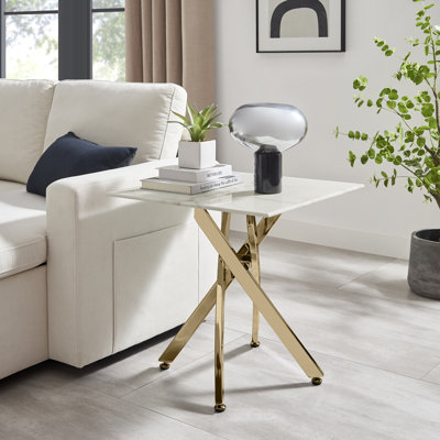 Atal Marble Effect Sofa Side Table - Glass Topped Metal Leg Small Table