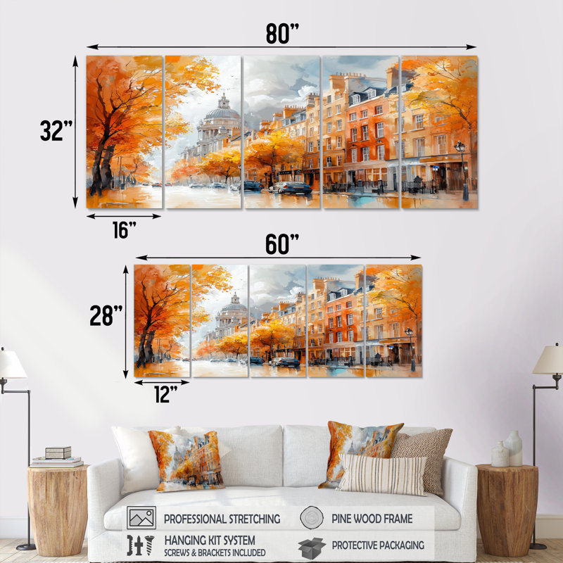 Irlande, paysage urbain de Dublin en automne - ensemble d'art mural Irlande, H 32 po x l 80 po