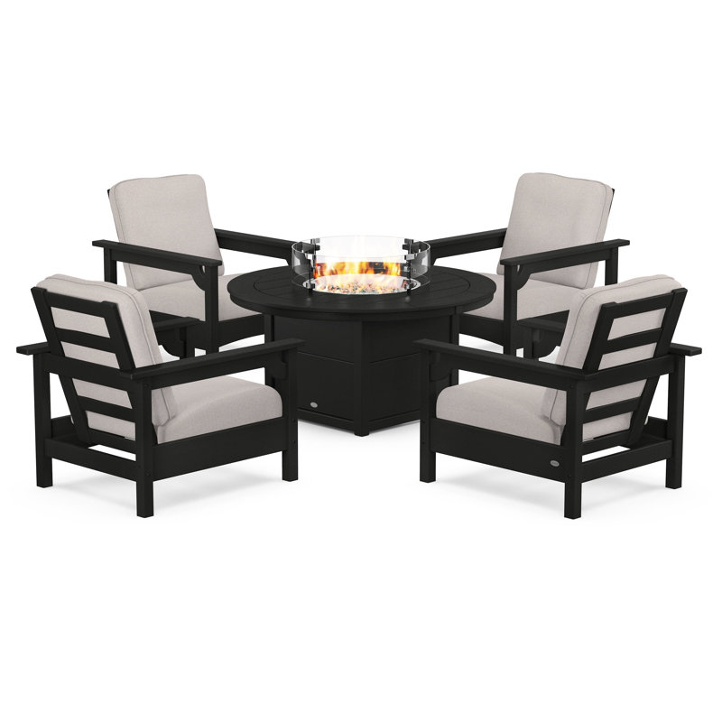 Club 5-Piece Conversation Set with Fire Pit Table, Black, Dune Burlap