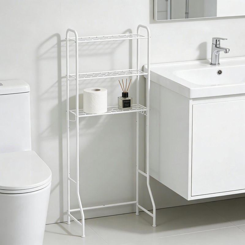 Over The Toilet Storage Cabinet With Paper Holder And Hooks, Adjustable Shelf Bathroom Organizer, Space-Saving Metal Shelf Unit For Bathroom Storage And Organization