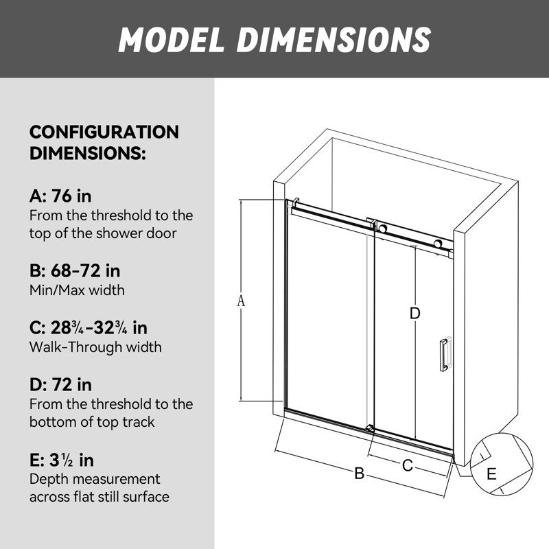 Shower Door 68-72 In W X 76In H, Frameless Single Sliding With Soft-Close 3/8 In Tempered Glass Door, Black