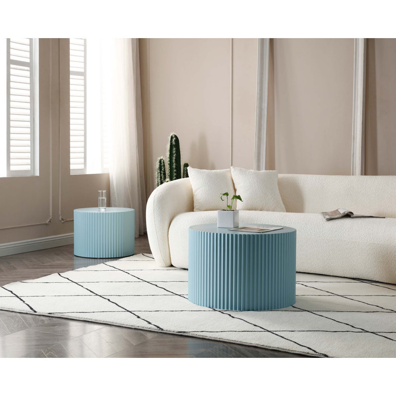 2-Piece Nesting Table Set, Handcrafted Round Top with Relief Design