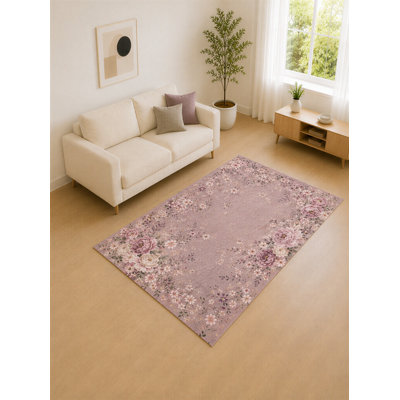 "Ultra Lightweight" 5' x 7' Dusty Mauve and Cream Flower Border Area Rug for Living Room, Bedroom and Home Office, Soft Low Pile Carpet with Non-Slip Silicone Backing