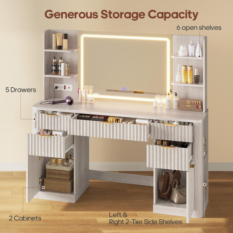 Fluted Makeup Vanity Desk With Large Mirror And Lights, Vanity With Power Strip, 6 Open Shelves, 2 Cabinets,5 Drawer, Modern Dressing Table For Bedroom