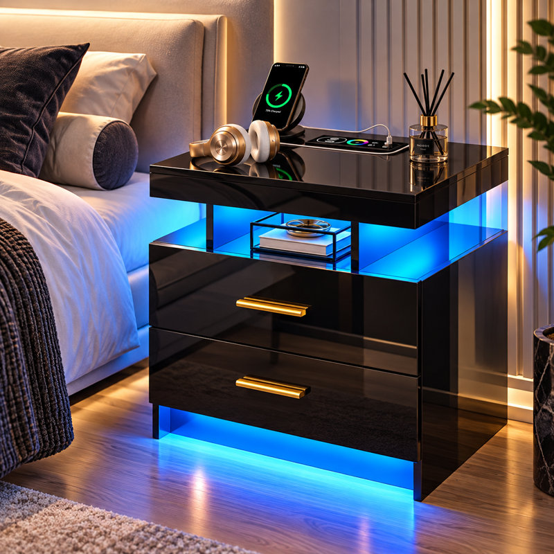 Table de chevet lustrée de 50 cm (19,6 po) de large avec éclairage RVB à capteur et chargeur sans fil, Noir
