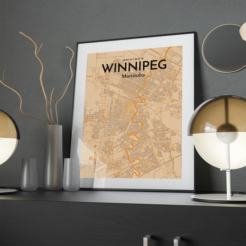 Winnipeg, carte de la ville, impression rétro, H 24 po x l 18 po