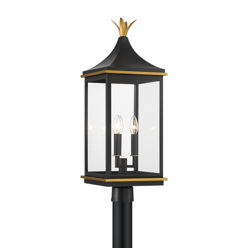 3 Light Matte Black + Textured Gold Outdoor Post
